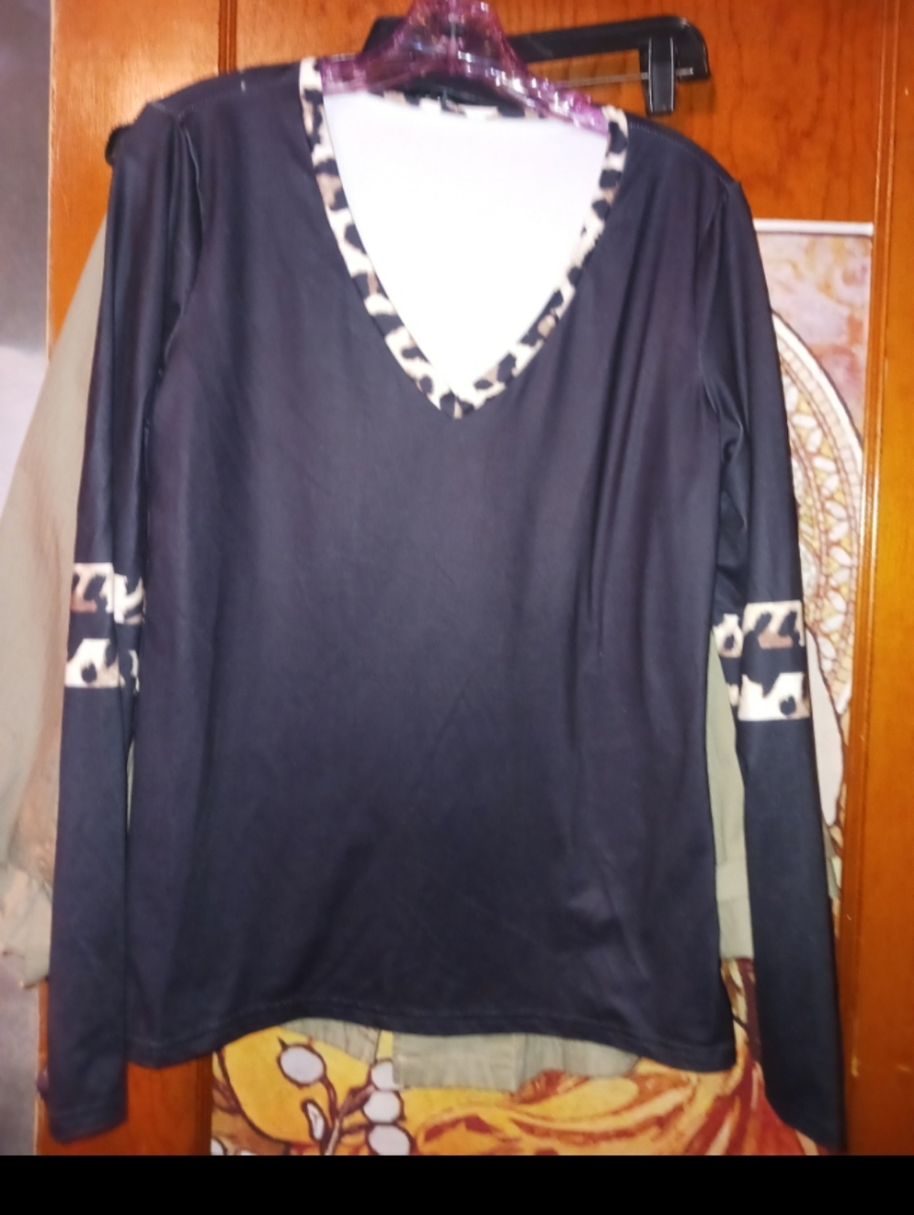 Black V-Neck Long-Sleeve Top with Leopard Trim